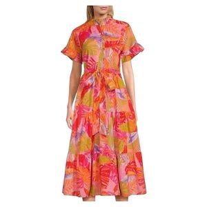 NWT J. Marie Printed Ruffle High Neck Tie A-Line Waist Mindi Dress With Pockets.